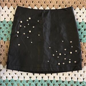 Black Faux Leather Pleather Mini Skirt Rhinestone Pearl Womans sz Small NWT New
